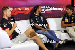 (L to R): Nico Hulkenberg (GER) Haas F1 Team; Lewis Hamilton (GBR) Mercedes AMG F1; and Charles Leclerc (MON) Ferrari, in the FIA Press Conference. 29.08.2024. Formula 1 World Championship, Rd 16, Italian Grand Prix, Monza, Italy, Preparation Day.