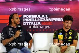 (L to R): Lewis Hamilton (GBR) Mercedes AMG F1 and Charles Leclerc (MON) Ferrari in the FIA Press Conference. 29.08.2024. Formula 1 World Championship, Rd 16, Italian Grand Prix, Monza, Italy, Preparation Day.