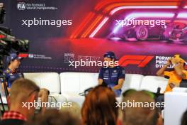 (L to R): Sergio Perez (MEX) Red Bull Racing; Alexander Albon (THA) Williams Racing; and Lando Norris (GBR) McLaren, in the FIA Press Conference. 29.08.2024. Formula 1 World Championship, Rd 16, Italian Grand Prix, Monza, Italy, Preparation Day.