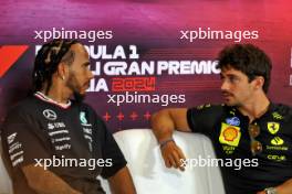 (L to R): Lewis Hamilton (GBR) Mercedes AMG F1 and Charles Leclerc (MON) Ferrari in the FIA Press Conference. 29.08.2024. Formula 1 World Championship, Rd 16, Italian Grand Prix, Monza, Italy, Preparation Day.