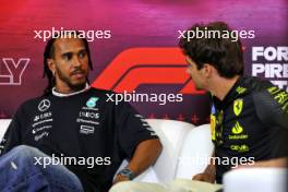 (L to R): Lewis Hamilton (GBR) Mercedes AMG F1 and Charles Leclerc (MON) Ferrari in the FIA Press Conference. 29.08.2024. Formula 1 World Championship, Rd 16, Italian Grand Prix, Monza, Italy, Preparation Day.