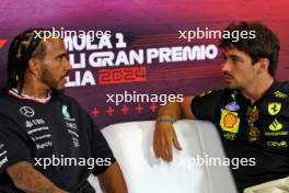 (L to R): Lewis Hamilton (GBR) Mercedes AMG F1 and Charles Leclerc (MON) Ferrari in the FIA Press Conference. 29.08.2024. Formula 1 World Championship, Rd 16, Italian Grand Prix, Monza, Italy, Preparation Day.