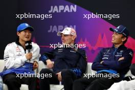 (L to R): Yuki Tsunoda (JPN) RB; Max Verstappen (NLD) Red Bull Racing; and Alexander Albon (THA) Williams Racing, in the FIA Press Conference. 04.04.2024. Formula 1 World Championship, Rd 4, Japanese Grand Prix, Suzuka, Japan, Preparation Day.