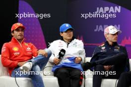 (L to R): Carlos Sainz Jr (ESP) Ferrari; Yuki Tsunoda (JPN) RB; and Max Verstappen (NLD) Red Bull Racing, in the FIA Press Conference. 04.04.2024. Formula 1 World Championship, Rd 4, Japanese Grand Prix, Suzuka, Japan, Preparation Day.