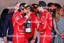 (L to R): Carlos Sainz Jr (ESP) Ferrari with race winner and team mate Charles Leclerc (MON) Ferrari on the podium. 26.05.2024. Formula 1 World Championship, Rd 8, Monaco Grand Prix, Monte Carlo, Monaco, Race Day.