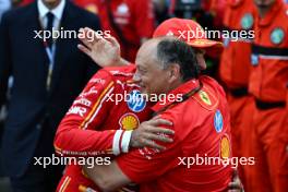 Carlos Sainz Jr (ESP) Ferrari celebrates his third position with Frederic Vasseur (FRA) Ferrari Team Principal in parc ferme. 26.05.2024. Formula 1 World Championship, Rd 8, Monaco Grand Prix, Monte Carlo, Monaco, Race Day.