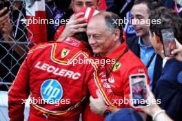 (L to R): Race winner Charles Leclerc (MON) Ferrari celebrates with Frederic Vasseur (FRA) Ferrari Team Principal and John Elkann (ITA) FIAT Chrysler Automobiles Chairman in parc ferme. 26.05.2024. Formula 1 World Championship, Rd 8, Monaco Grand Prix, Monte Carlo, Monaco, Race Day.