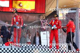 (L to R): Carlos Sainz Jr (ESP) Ferrari and Charles Leclerc (MON) Ferrari celebrate on the podium with Frederic Vasseur (FRA) Ferrari Team Principal. 26.05.2024. Formula 1 World Championship, Rd 8, Monaco Grand Prix, Monte Carlo, Monaco, Race Day.
