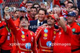 (L to R): Race winner Charles Leclerc (MON) Ferrari celebrates in parc ferme with team mate Carlos Sainz Jr (ESP) Ferrari and Frederic Vasseur (FRA) Ferrari Team Principal. 26.05.2024. Formula 1 World Championship, Rd 8, Monaco Grand Prix, Monte Carlo, Monaco, Race Day.