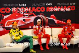 (L to R): Oscar Piastri (AUS) McLaren; Charles Leclerc (MON) Ferrari; and Carlos Sainz Jr (ESP) Ferrari, in the post qualifying FIA Press Conference. 25.05.2024. Formula 1 World Championship, Rd 8, Monaco Grand Prix, Monte Carlo, Monaco, Qualifying Day.