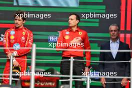 (L to R): Charles Leclerc (MON) Ferrari; Riccardo Adami (ITA) Ferrari Race Engineer; and Carlos Slim Domit (MEX) Chairman of America Movil, on the podium. 27.10.2024. Formula 1 World Championship, Rd 20, Mexican Grand Prix, Mexico City, Mexico, Race Day.