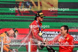 Race winner Carlos Sainz Jr (ESP) Ferrari celebrates on the podium with Lando Norris (GBR) McLaren (Left) and Riccardo Adami (ITA) Ferrari Race Engineer (Right). 27.10.2024. Formula 1 World Championship, Rd 20, Mexican Grand Prix, Mexico City, Mexico, Race Day.