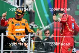 (L to R): Lando Norris (GBR) McLaren celebrates his second position on the podium with race winner Carlos Sainz Jr (ESP) Ferrari. 27.10.2024. Formula 1 World Championship, Rd 20, Mexican Grand Prix, Mexico City, Mexico, Race Day.