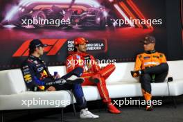 (L to R): Max Verstappen (NLD) Red Bull Racing; Carlos Sainz Jr (ESP) Ferrari; and Lando Norris (GBR) McLaren in the post qualifying FIA Press Conference. 26.10.2024. Formula 1 World Championship, Rd 20, Mexican Grand Prix, Mexico City, Mexico, Qualifying Day.