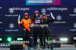 The podium (L to R): Bianca Bustamante (PHL) ART, second; Abbi Pulling (GBR) Rodin Motorsport, race winner; Doriane Pin (FRA) Prema Racing, third. 05.05.2024. FIA Formula Academy, Rd 2, Race 2, Miami, Florida, USA, Sunday.