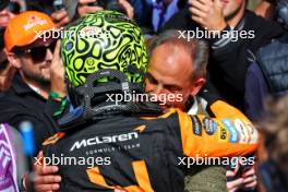 Race winner Lando Norris (GBR) McLaren celebrates in parc ferme with his father Adam Norris (GBR). 25.08.2024. Formula 1 World Championship, Rd 15, Dutch Grand Prix, Zandvoort, Netherlands, Race Day.