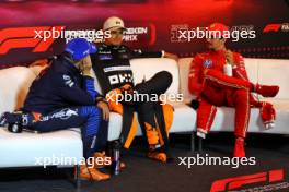 (L to R): Max Verstappen (NLD) Red Bull Racing; Lando Norris (GBR) McLaren; and Charles Leclerc (MON) Ferrari, in the post race FIA Press Conference. 25.08.2024. Formula 1 World Championship, Rd 15, Dutch Grand Prix, Zandvoort, Netherlands, Race Day.