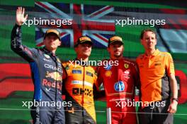 The podium (L to R): Max Verstappen (NLD) Red Bull Racing, second; Lando Norris (GBR) McLaren, race winner; Charles Leclerc (MON) Ferrari, third; William Joseph (GBR) McLaren Race Engineer. 25.08.2024. Formula 1 World Championship, Rd 15, Dutch Grand Prix, Zandvoort, Netherlands, Race Day.