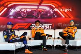 (L to R): Max Verstappen (NLD) Red Bull Racing; Lando Norris (GBR) McLaren; and Oscar Piastri (AUS) McLaren, in the post qualifying FIA Press Conference. 24.08.2024. Formula 1 World Championship, Rd 15, Dutch Grand Prix, Zandvoort, Netherlands, Qualifying Day.