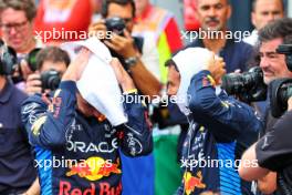 Second placed Max Verstappen (NLD) Red Bull Racing with team mate Sergio Perez (MEX) Red Bull Racing in qualifying parc ferme. 24.08.2024. Formula 1 World Championship, Rd 15, Dutch Grand Prix, Zandvoort, Netherlands, Qualifying Day.