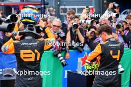 (L to R): Oscar Piastri (AUS) McLaren with pole sitter and team mate Lando Norris (GBR) McLaren in qualifying parc ferme. 24.08.2024. Formula 1 World Championship, Rd 15, Dutch Grand Prix, Zandvoort, Netherlands, Qualifying Day.