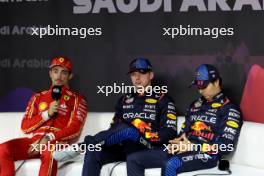 (L to R): Charles Leclerc (MON) Ferrari; Max Verstappen (NLD) Red Bull Racing; and Sergio Perez (MEX) Red Bull Racing, in the post qualifying FIA Press Conference. 08.03.2024. Formula 1 World Championship, Rd 2, Saudi Arabian Grand Prix, Jeddah, Saudi Arabia, Qualifying Day.