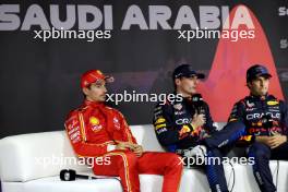(L to R): Charles Leclerc (MON) Ferrari; Max Verstappen (NLD) Red Bull Racing; and Sergio Perez (MEX) Red Bull Racing, in the post qualifying FIA Press Conference. 08.03.2024. Formula 1 World Championship, Rd 2, Saudi Arabian Grand Prix, Jeddah, Saudi Arabia, Qualifying Day.