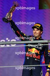 Sergio Perez (MEX) Red Bull Racing celebrates his second position on the podium. 09.03.2024. Formula 1 World Championship, Rd 2, Saudi Arabian Grand Prix, Jeddah, Saudi Arabia, Race Day.