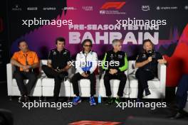 (L to R): Zak Brown (USA) McLaren Executive Director; Bruno Famin (FRA) Alpine Motorsports Vice President; Laurent Mekies (FRA) RB Technical Director; Alessandro Alunni Bravi (ITA) Sauber Managing Director and Team Representative; Christian Horner (GBR) Red Bull Racing Team Principal, in the FIA Press Conference. 22.02.2024. Formula 1 Testing, Sakhir, Bahrain, Day Two.