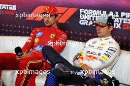 (L to R): Charles Leclerc (MON) Ferrari and Max Verstappen (NLD) Red Bull Racing in the post race FIA Press Conference. 20.10.2024. Formula 1 World Championship, Rd 19, United States Grand Prix, Austin, Texas, USA, Race Day.