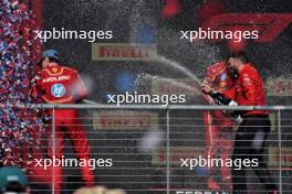 (L to R): Race winner Charles Leclerc (MON) Ferrari celebrates with Ravin Jain (GBR) Ferrari Strategy Director and Carlos Sainz Jr (ESP) Ferrari on the podium. 20.10.2024. Formula 1 World Championship, Rd 19, United States Grand Prix, Austin, Texas, USA, Race Day.