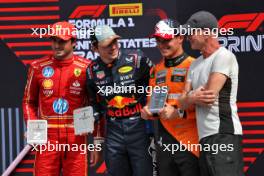 Top three in Sprint parc ferme (L to R): Lando Norris (GBR) McLaren, third; Max Verstappen (NLD) Red Bull Racing; Carlos Sainz Jr (ESP) Ferrari, third; Sting (GBR) Musician. 19.10.2024. Formula 1 World Championship, Rd 19, United States Grand Prix, Austin, Texas, USA, Sprint and Qualifying Day.