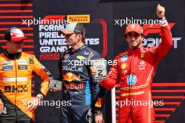 Top three in Sprint parc ferme (L to R): Lando Norris (GBR) McLaren, third; Max Verstappen (NLD) Red Bull Racing; Carlos Sainz Jr (ESP) Ferrari, third. 19.10.2024. Formula 1 World Championship, Rd 19, United States Grand Prix, Austin, Texas, USA, Sprint and Qualifying Day.