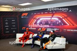 (L to R): Carlos Sainz Jr (ESP) Ferrari; Max Verstappen (NLD) Red Bull Racing; and Lando Norris (GBR) McLaren, in the post Sprint FIA Press Conference. 19.10.2024. Formula 1 World Championship, Rd 19, United States Grand Prix, Austin, Texas, USA, Sprint and Qualifying Day.