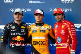 Qualifying top three in parc ferme (L to R): Max Verstappen (NLD) Red Bull Racing, second; Lando Norris (GBR) McLaren, pole position; Carlos Sainz Jr (ESP) Ferrari, third. 19.10.2024. Formula 1 World Championship, Rd 19, United States Grand Prix, Austin, Texas, USA, Sprint and Qualifying Day.