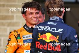 Pole sitter Lando Norris (GBR) McLaren in qualifying parc ferme with second placed Max Verstappen (NLD) Red Bull Racing. 19.10.2024. Formula 1 World Championship, Rd 19, United States Grand Prix, Austin, Texas, USA, Sprint and Qualifying Day.