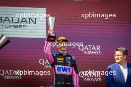 Gabriele Mini (ITA) Prema Racing celebrates his third position on the podium. 14.09.2024. FIA Formula 2 Championship, Rd 12, Sprint Race, Baku, Azerbaijan, Saturday.