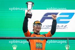 Dennis Hauger (DEN) MP Motorsport celebrates his second position on the podium. 27.07.2024. Formula 2 Championship, Rd 10, Sprint Race, Spa-Francorchamps, Belgium, Saturday.