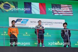 The podium (L to R): Gabriel Bortoleto (BRA) Invicta Racing, second; Isack Hadjar (FRA) Campos Racing, race winner; Jak Crawford (USA) Dams, third. 28.07.2024. Formula 2 Championship, Rd 10, Feature Race, Spa-Francorchamps, Belgium, Sunday.