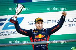 Race winner Isack Hadjar (FRA) Campos Racing celebrates on the podium. 28.07.2024. Formula 2 Championship, Rd 10, Feature Race, Spa-Francorchamps, Belgium, Sunday.