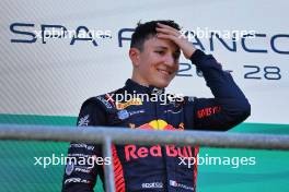 Race winner Isack Hadjar (FRA) Campos Racing celebrates on the podium. 28.07.2024. Formula 2 Championship, Rd 10, Feature Race, Spa-Francorchamps, Belgium, Sunday.