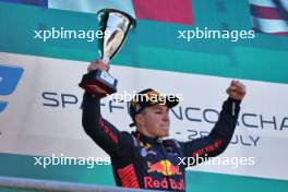 Race winner Isack Hadjar (FRA) Campos Racing celebrates on the podium. 28.07.2024. Formula 2 Championship, Rd 10, Feature Race, Spa-Francorchamps, Belgium, Sunday.