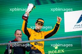 Gabriel Bortoleto (BRA) Invicta Racing celebrates his second position on the podium. 28.07.2024. Formula 2 Championship, Rd 10, Feature Race, Spa-Francorchamps, Belgium, Sunday.