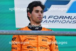 Second placed Gabriel Bortoleto (BRA) Invicta Racing on the podium. 28.07.2024. Formula 2 Championship, Rd 10, Feature Race, Spa-Francorchamps, Belgium, Sunday.