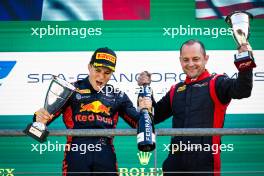 Race winner Isack Hadjar (FRA) Campos Racing celebrates on the podium. 28.07.2024. Formula 2 Championship, Rd 10, Feature Race, Spa-Francorchamps, Belgium, Sunday.