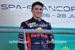 Race winner Isack Hadjar (FRA) Campos Racing celebrates on the podium. 28.07.2024. Formula 2 Championship, Rd 10, Feature Race, Spa-Francorchamps, Belgium, Sunday.