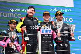 The podium (L to R): Kush Maini (IND) Invicta Racing, second; Victor Martins (FRA) ART Grand Prix, race winner; Juan Manuel Correa (USA) Dams, third. 22.06.2024. FIA Formula 2 Championship, Rd 6, Sprint Race, Barcelona, Spain, Saturday.