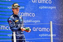 Franco Colapinto (ARG) MP Motorsport celebrates his second position on the podium. 23.06.2024. FIA Formula 2 Championship, Rd 6, Feature Race, Barcelona, Spain, Sunday.