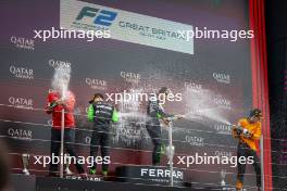 The podium (L to R): Zane Maloney (BRB) Rodin Motorsport, second; Andrea Kimi Antonelli (ITA) Prema Racing, race winner; Gabriel Bortoleto (BRA) Invicta Racing, third. 06.07.2024. FIA Formula 2 Championship, Rd 8, Sprint Race, Silverstone, England, Saturday.