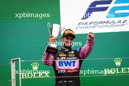 Kush Maini (IND) Invicta Racing celebrates his second position on the podium. 20.07.2024. FIA Formula 2 Championship, Rd 9, Budapest, Hungary, Sprint Race, Saturday.